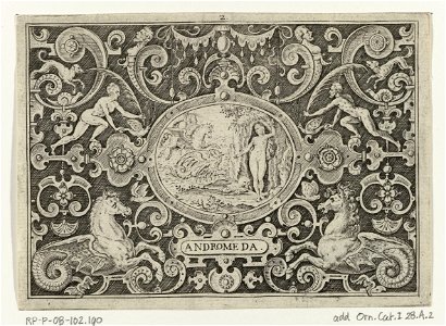 IdentificatieTitel(s): Perseus bevrijdt AndromedaANDROMEDA (titel op object)Cartouches met leven van Perseus in omlijsting van grotesken (serietitel)Objecttype: prent ornamentprent Serienummer: 2/6Obj photo