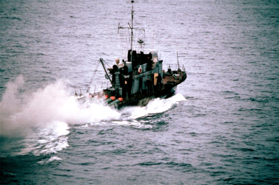 A starboard quarter view of a Soviet torpedo retriever underway