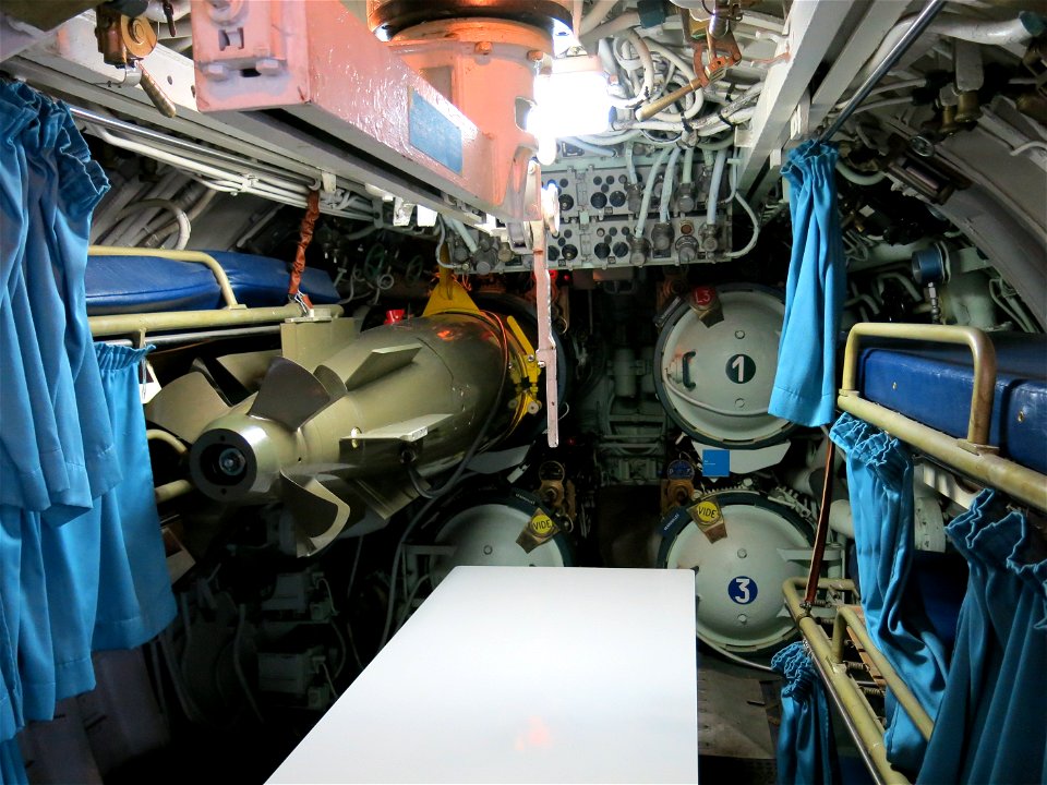 Submarine Argonaute (S636) exposed in la Villette (Paris, France) : torpedo room.