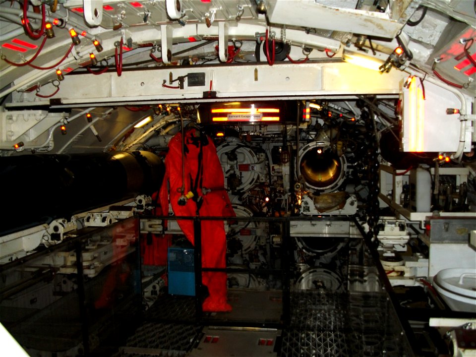 Forward torpedo room of submarine  HMS Ocelot launched 5 May 1962. The submarine is now preserved at the Chatham Historic Dockyard museum, Chatrham, Kent, UK.  To the left can be seen one racked spare