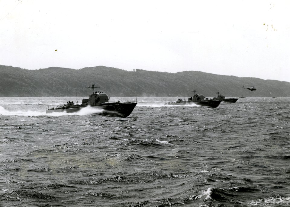 Torpedo boats HMS Plejad (T102), HMS Polaris (T103), and HMS Pollux (T104) of the Swedish Navy. The eleven Plejad-class torpedo boats were built built by Lürssen shipyards, Bremen, West Germany, betwe