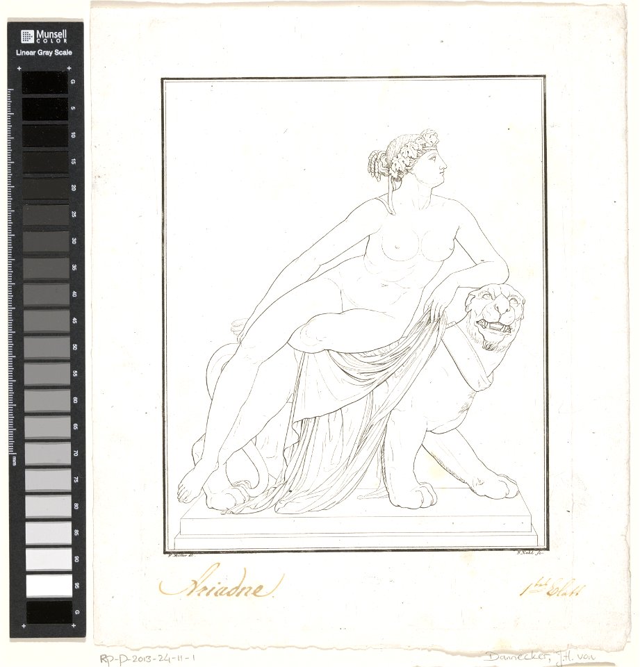 IdentificatieTitel(s): Ariadne zittend op een panter; vooraanzichtAanzichten van het beeld van Heinrich von Dannecker van Ariadne op de panter (serietitel) Objecttype: prent Objectnummer: RP-P-2013-24