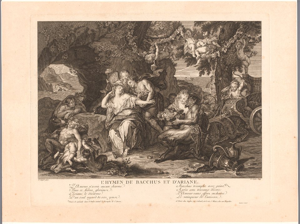 IdentificatieTitel(s): Bacchus en AriadneL'hymen de Bacchus et d'Ariane. (titel op object)Objecttype: prent Objectnummer: RP-P-OB-43.258Opschriften / Merken: verzamelaarsmerk, verso, gestempeld: Lugt 