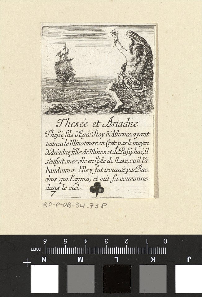 IdentificatieTitel(s): Theseus en AriadneKlaveren zevenTheseé et Ariadne (titel op object)Kaartspel met mythologische voorstellingen (serietitel)Jeu des fables (serietitel)Objecttype: prent speelkaart
