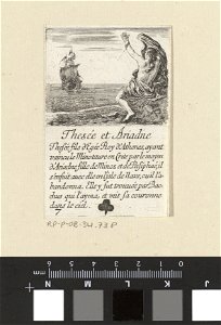 IdentificatieTitel(s): Theseus en AriadneKlaveren zevenTheseé et Ariadne (titel op object)Kaartspel met mythologische voorstellingen (serietitel)Jeu des fables (serietitel)Objecttype: prent speelkaart
