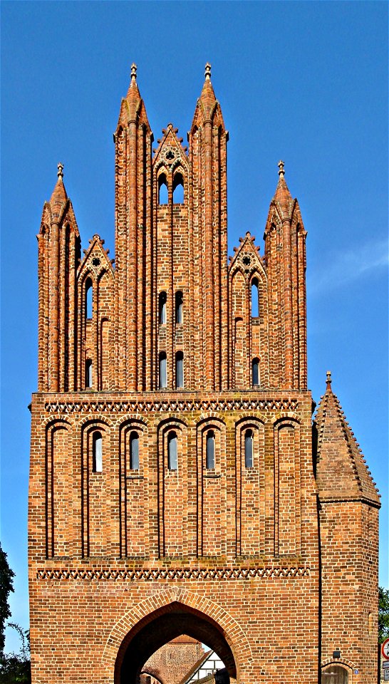 The Friedländer Tor (main gate, town side) in Neubrandenburg, Mecklenburg-Vorpommern. Typical example of a medieval Brick Gothic city gate.