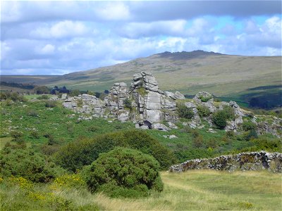 Vixen Tor on Dartmoor viewed from the south, with Great Staple Tor beyond it.