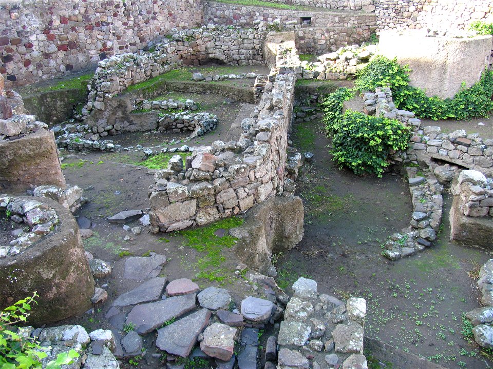 Prehistoric village ruines on Lipari castle, Eolian islands, Sicily, Italy