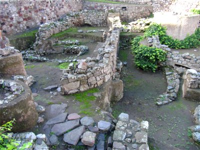 Prehistoric village ruines on Lipari castle, Eolian islands, Sicily, Italy