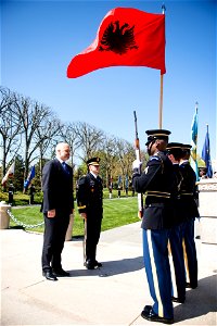 Prime Minister of the Republic of Albania Edi Rama, left, is escorted by Maj. Gen. Bradley A. Becker, second left, commanding general of U.S. Army Military District of Washington and Joint Force Headq
