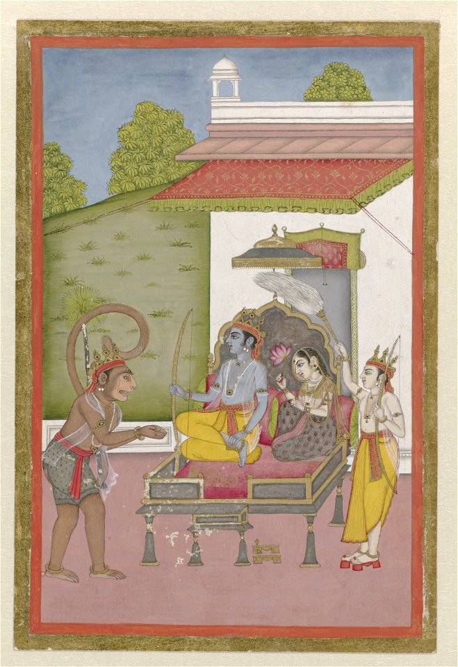 IdentificatieTitel(s): Rama en Sita op een troonRama, Sita en HanumanObjecttype: Indiase miniatuur tekening Objectnummer: RP-T-1993-362Opschriften / Merken: inscriptie: ‘.’Omschrijving: Op een platfor