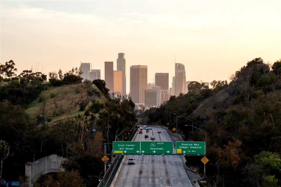 Partial City Skyline Beyond Highway photo