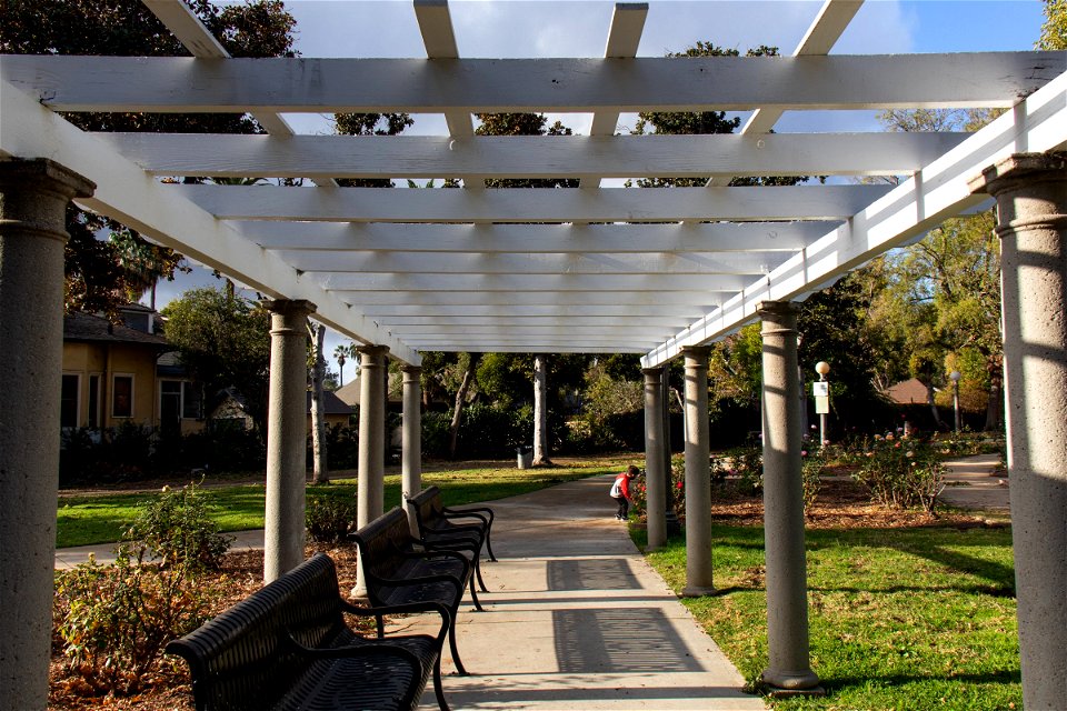 Iron Benches Under Park Pergola