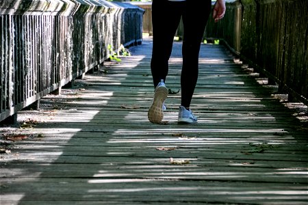Legs Walking On Wooden Boardwalk photo
