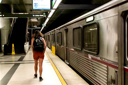 Person Walking On Platform Alongside Subway Train photo