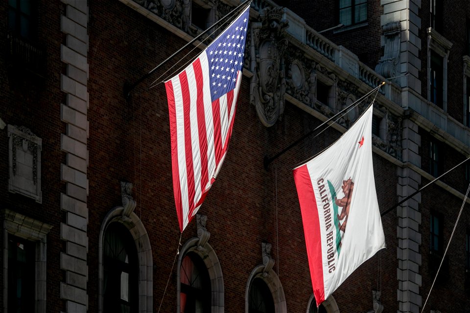 Two Flags On Brick Building
