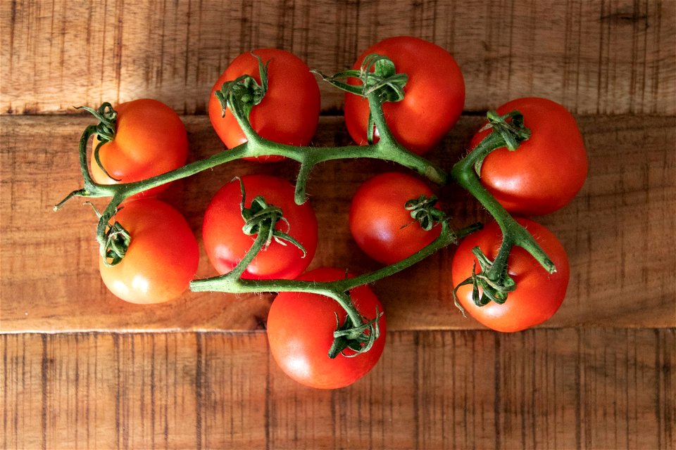 Linked Red Tomatoes On Wood photo