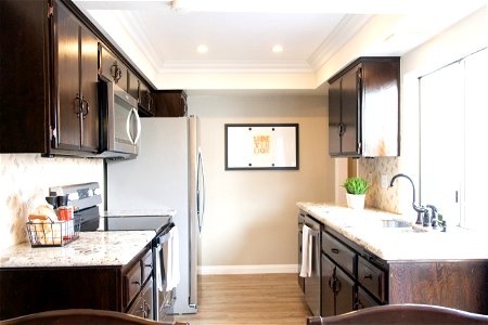 Sunlit Kitchen With Dark Cabinets photo