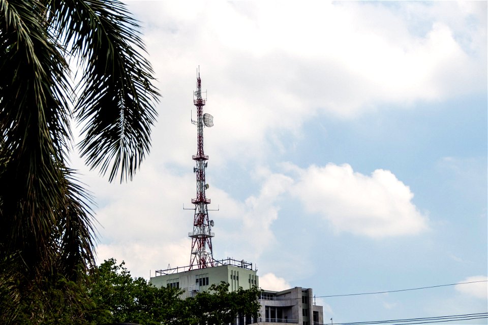 Radio Tower Atop Building Near Trees