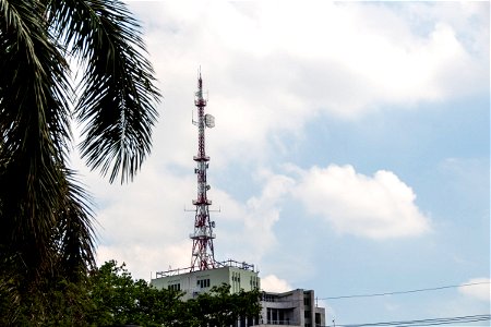 Radio Tower Atop Building Near Trees photo