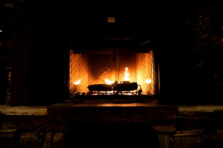 Logs Burning In Raised Hearth Fireplace photo