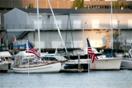 Two Small American Flags Near Docked Boats
