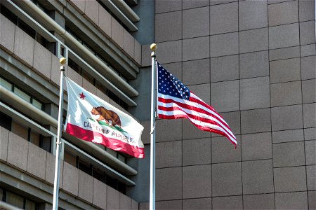 California State And American Flags Near Building