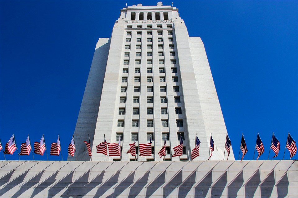 American Flags Beneath City Hall Tower photo