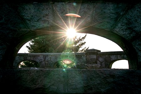 Sunlight Beams Through Tree And Stone Arch photo