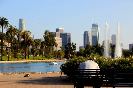 Man On Bench In Downtown Los Angeles Park photo