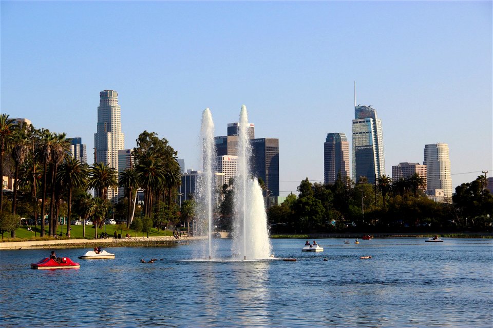 Los Angeles Skyline Behind Fountain In Park photo