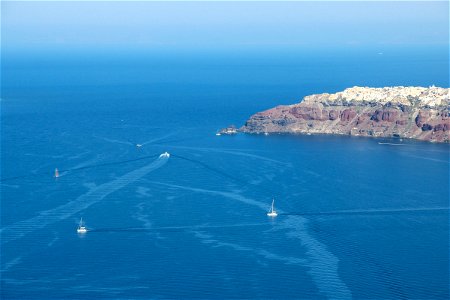 Various Boats Near Santorini Shore