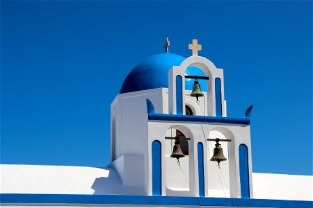 Church Bell Gable And Dome In Santorini Island