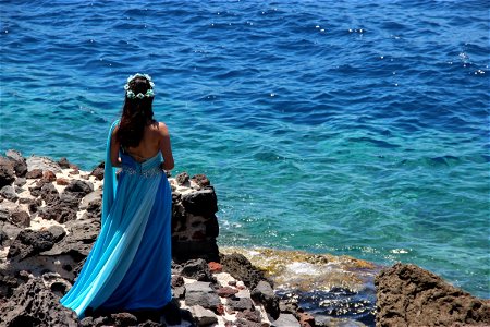 Lady In Blue Dress On Beach