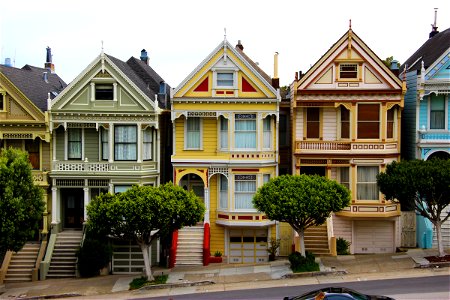 Colorful Houses on Slanted Street photo