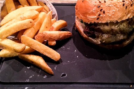 Burger & Fries on Dark Plate photo