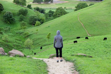 Woman Walking on Path Through Hills photo