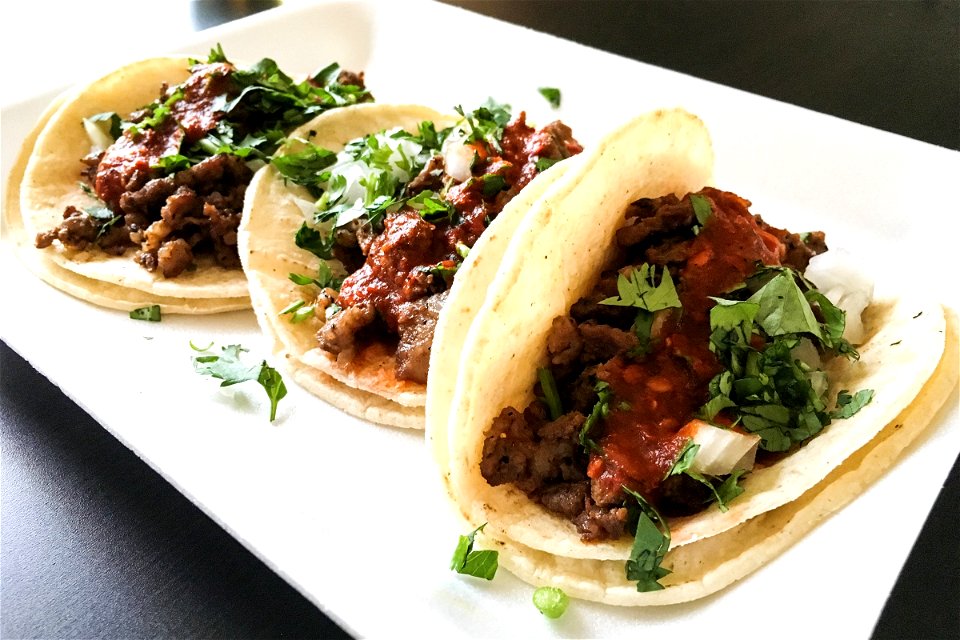 3 Tacos on White Plate photo