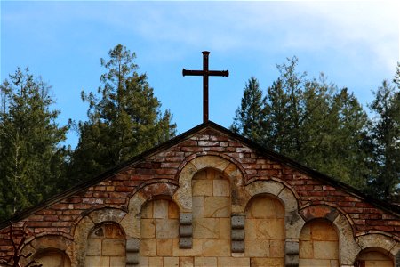 Cross on Church Steeple with Trees photo