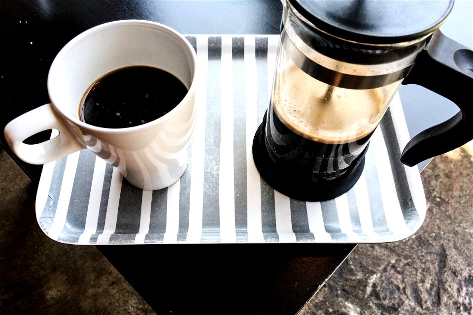 Coffee Mug & French Press on a Tray photo