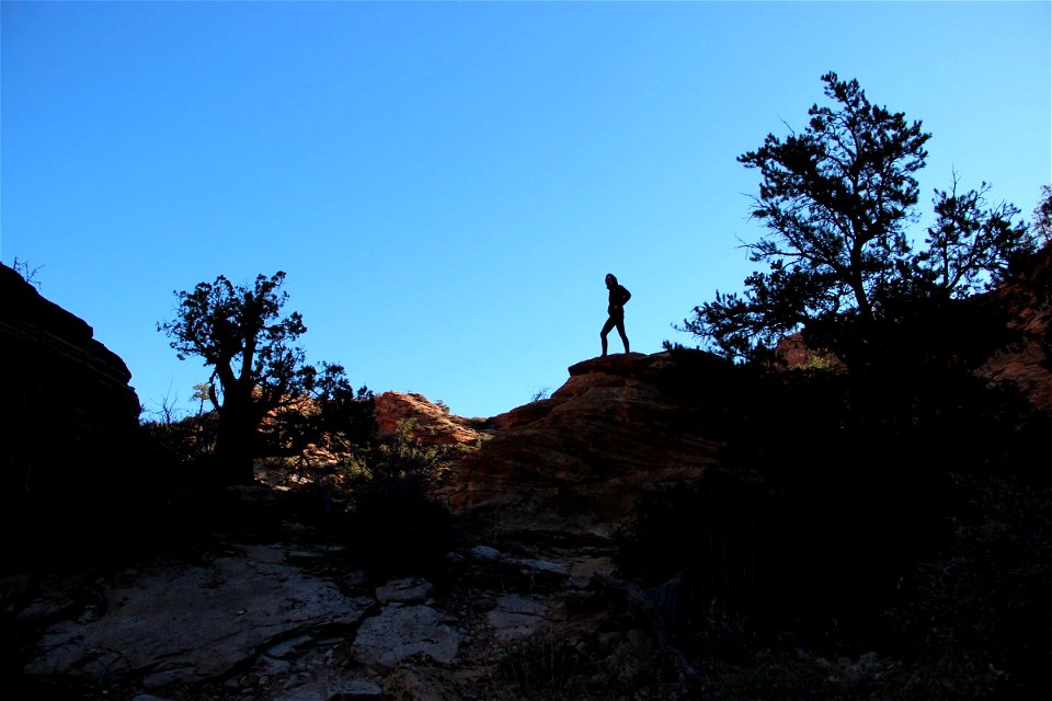 Silhouette of Woman Standing on Rocks Under Blue Sky photo