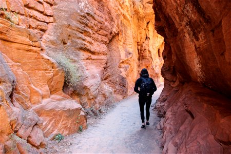 Woman Walking Though Rock Canyon