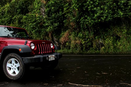 Red Jeep Wrangler on Road by Thick Trees photo