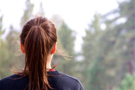 Girl with Ponytail Looking at Forest photo