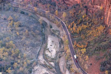 Aerial View of Road Through Canyon photo