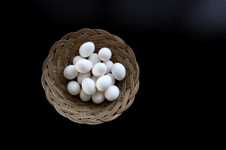 Eggs in a Basket on a Dark Table photo
