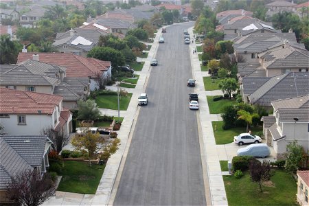 Aerial View of Neighborhood Street photo