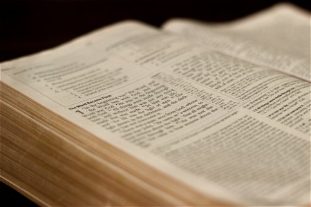 Close Up of Text on Open Bible photo