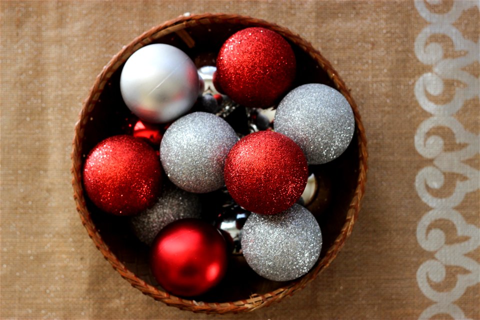 Red & Silver Ball Ornaments in Basket photo