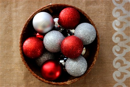 Red & Silver Ball Ornaments in Basket photo